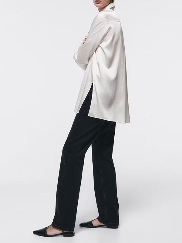 flowersverse Casual Loose Long Sleeves Buttoned Solid Color Lapel Collar Blouses&Shirts Tops