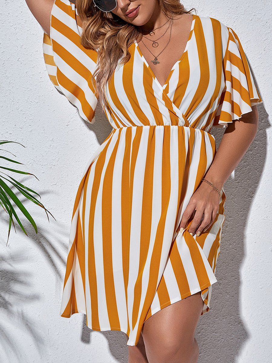 flowersverse Holiday Short Sleeve V Neck A-line Weaving Dress