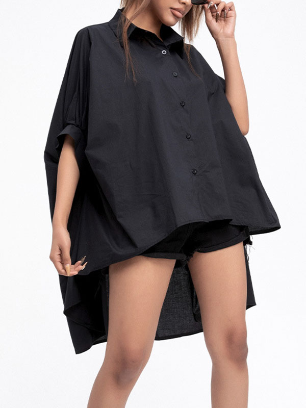 flowersverse Solid Color Batwing Sleeves High-Low Lapel Blouses&Shirts Tops