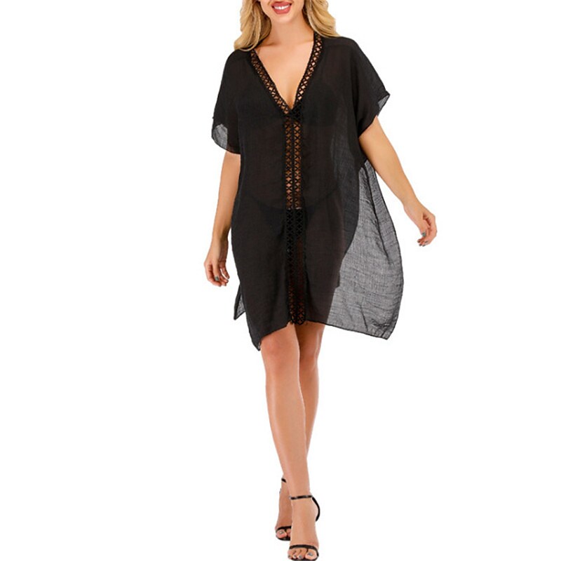 flowersverse Women's Swimwear Cover Up Beach Dress Normal Swimsuit Hole Pure Color White Black V Wire Bathing Suits New Vacation Fashion / Sexy / Modern