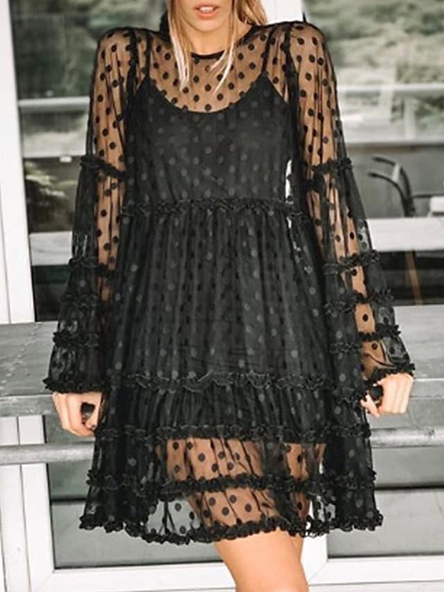 flowersverse Women's Cover Up Beach Dress Beach Wear Mini Dress Ruffle Mesh Casual Polka Dot Crewneck Long Sleeve Loose Fit Outdoor Daily Black White Spring Summer S M L XL