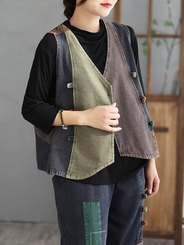 flowersverse Loose Split-Joint V-Neck Vest Top + Jean Harem Pants Bottoms Two Pieces Set