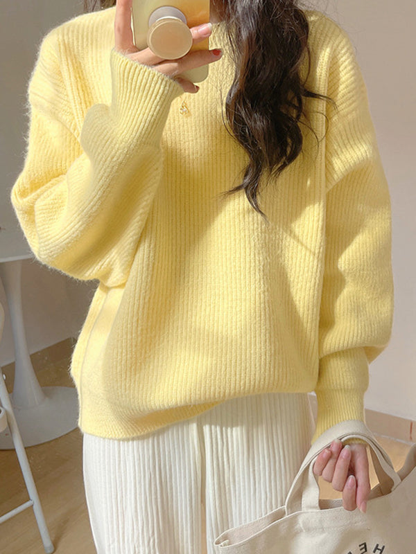 flowersverse Solid Color Long Sleeves Loose Round-Neck Sweater Tops Pullovers