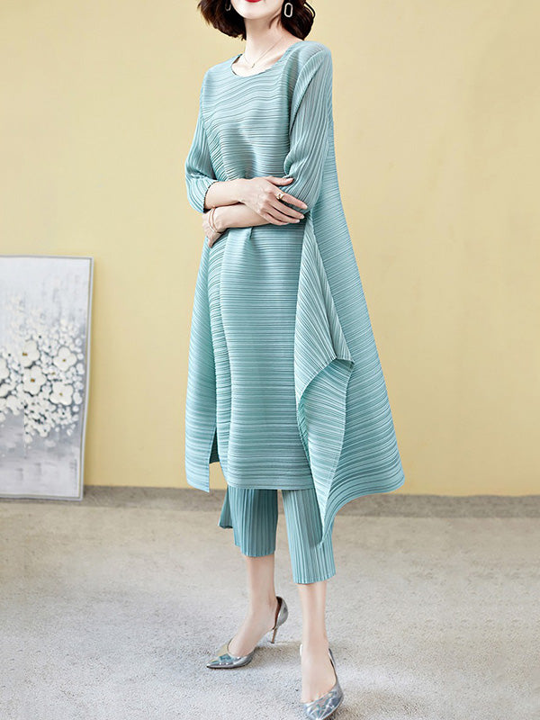 flowersverse Casual Loose Three-Quarter Sleeves Pleated Solid Color T-Shirt&Pants Two Pieces Set