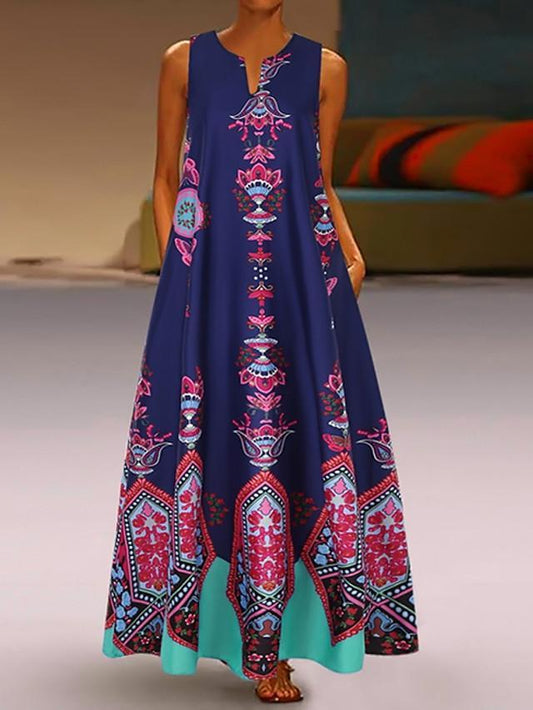 flowersverse Women's A-Line Dress Maxi Long Dress - Sleeveless Pocket Print Spring & Summer V Neck Hot Casual Boho Holiday White Black Blue Yellow Light Blue White Dresses