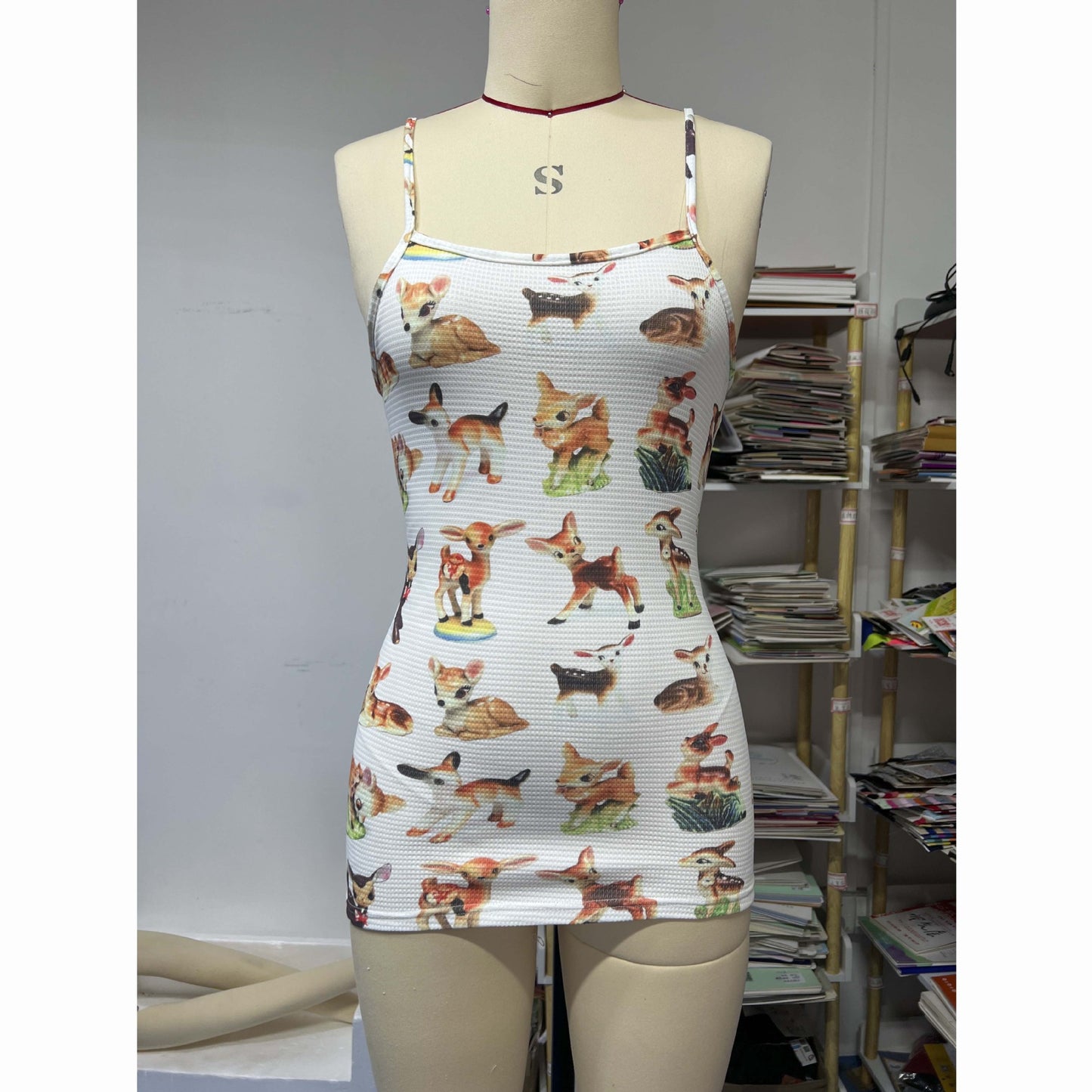 flowersverse Waffle Strap Dress Women's Summer Slim Waist Fawn Print Skirt Bodycon