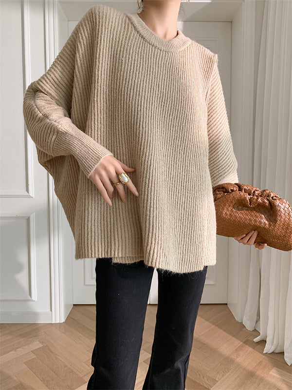 flowersverse Irregularity Loose Solid Color Batwing Sleeves Round-Neck Sweater Tops