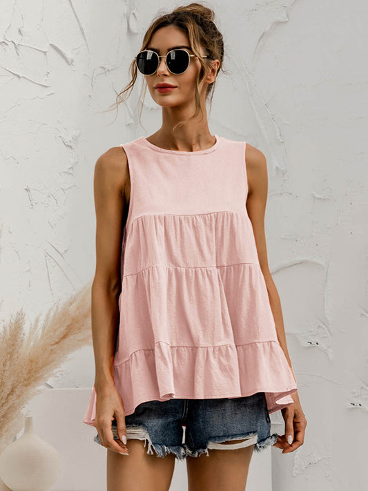 flowersverse Casual Loose Sleeveless Split-Joint Solid Color Round-Neck Vest Top