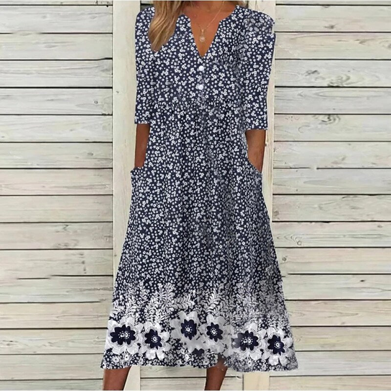 flowersverse Women's Casual Dress Midi Dress Navy Blue Half Sleeve Floral Ruched Summer Spring V Neck Basic Loose Fit S M L XL XXL 3XL