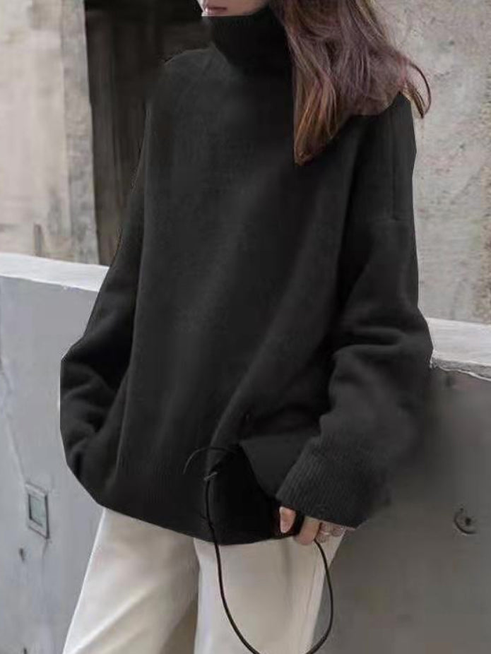 flowersverse Casual Loose Long Sleeves Solid Color High-Neck Sweater Tops