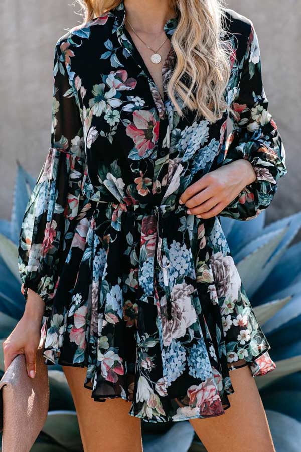 flowersverse Fashion Floral Print Shirt Dress