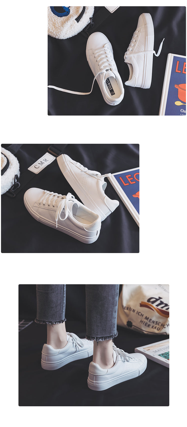 flowersverse Women's Shoes New Fashion Casual Platform Soild Leather Classic Cotton Women Vulcanize Shoes Casual Lace-up White Shoes Sneakers