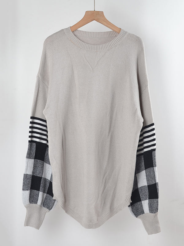 flowersverse Casual Long Sleeves Loose Checkered Round-Neck Sweater Tops