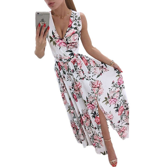 flowersverse Women's Swing Dress Maxi long Dress Blue White Pink Sleeveless Floral Print Split Print Spring Summer V Neck Elegant Vacation S M L XL XXL