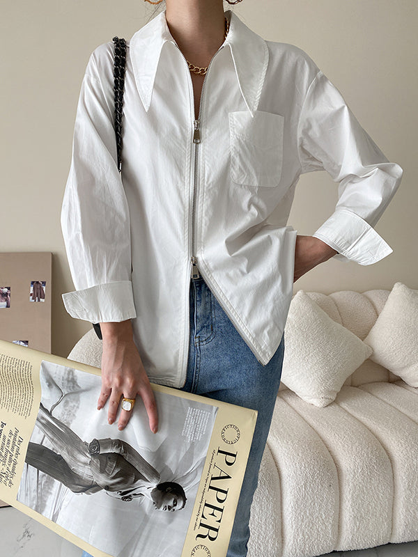 flowersverse Fashion Long Sleeves Solid Color Zipper Lapel Collar Blouses