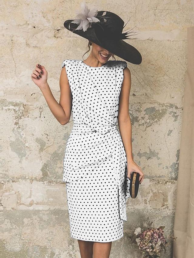 flowersverse Women's Sheath Dress Knee Length Dress - Sleeveless Polka Dot Print Polka Dots Ruched Spring & Summer Plus Size Hot Vintage White Red Light Blue