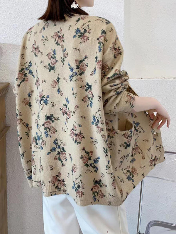 flowersverse Buttoned Knitted Flower Pockets Long Sleeves Loose V-Neck Cardigan Tops