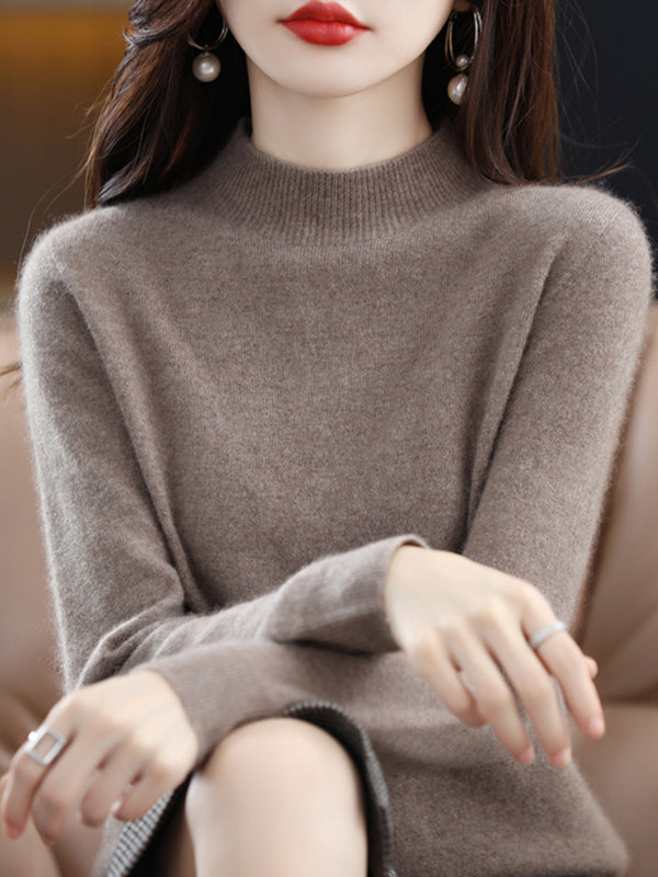 flowersverse Casual Long Sleeves Solid Color Half Turtleneck Sweater Tops
