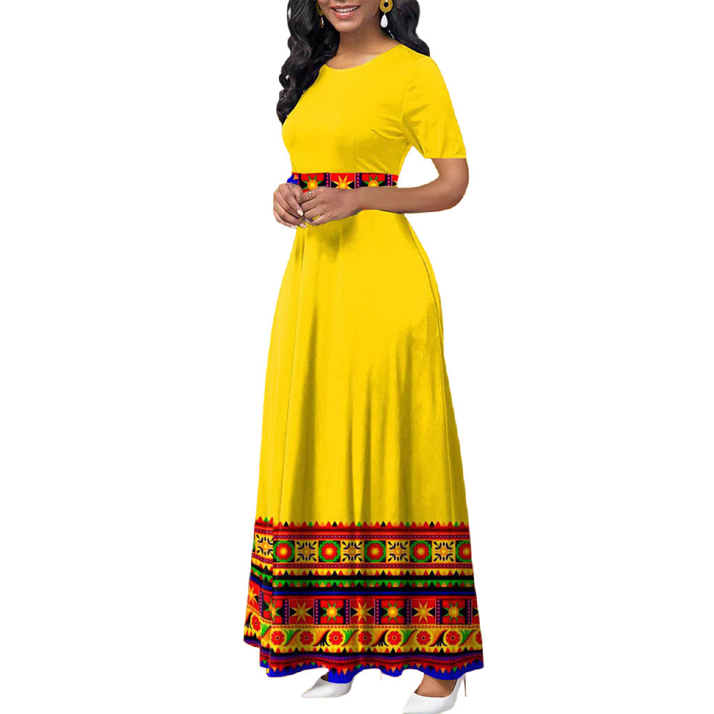 flowersverse Round Neck High Waist Contrast Color Plus Size Patchwork Swing Dress