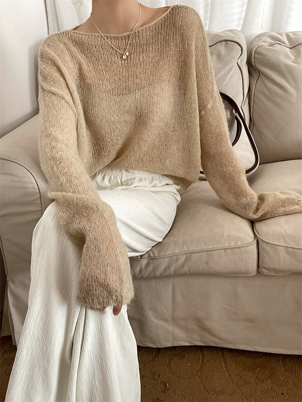 flowersverse Gentle Mohair Knitted Loose Long Sleeves Solid Color Thin Sweater Tops
