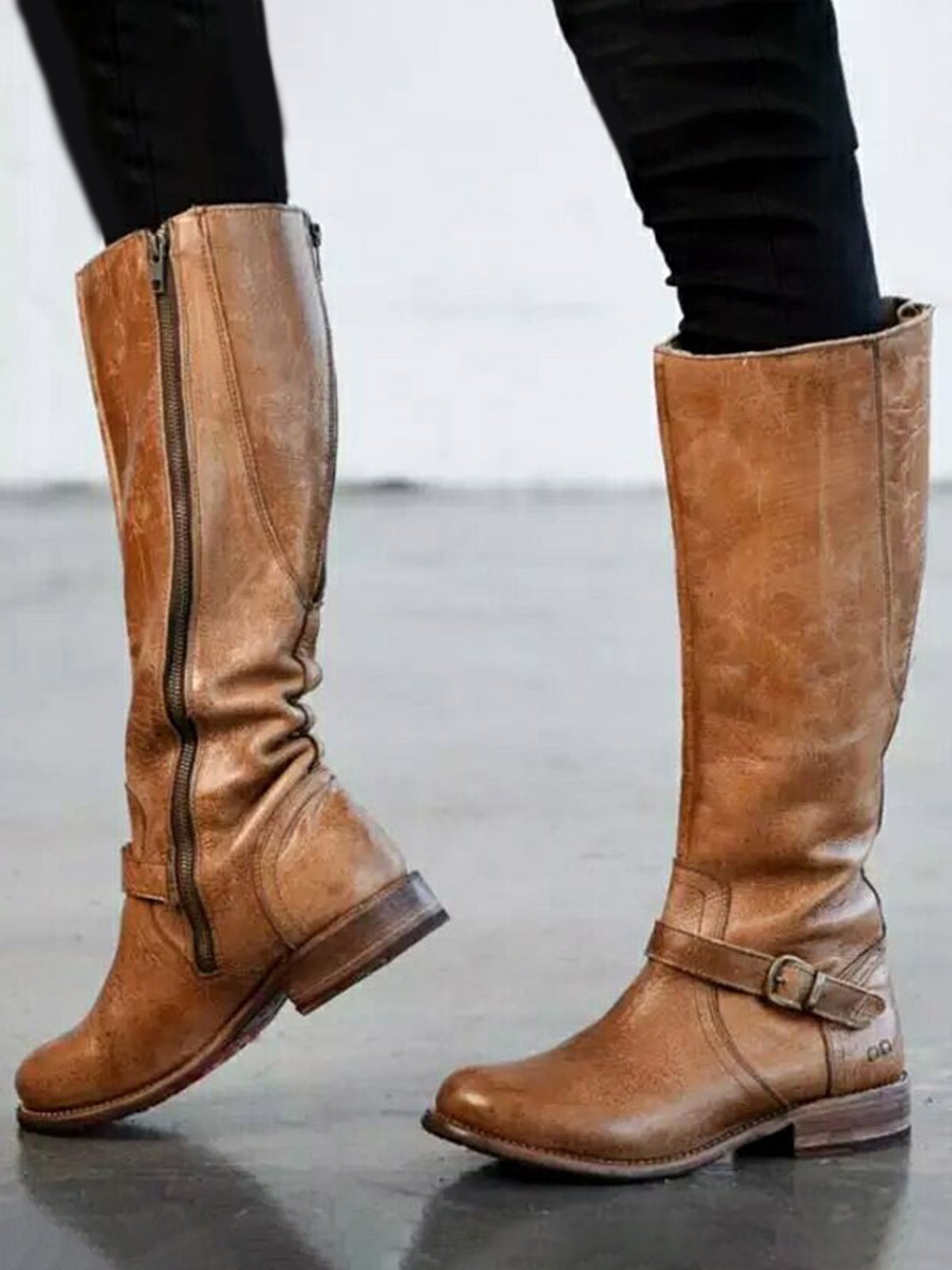 flowersverse Vintage Round Toe Buckle Tall Boots Chunky Heel Riding Boots