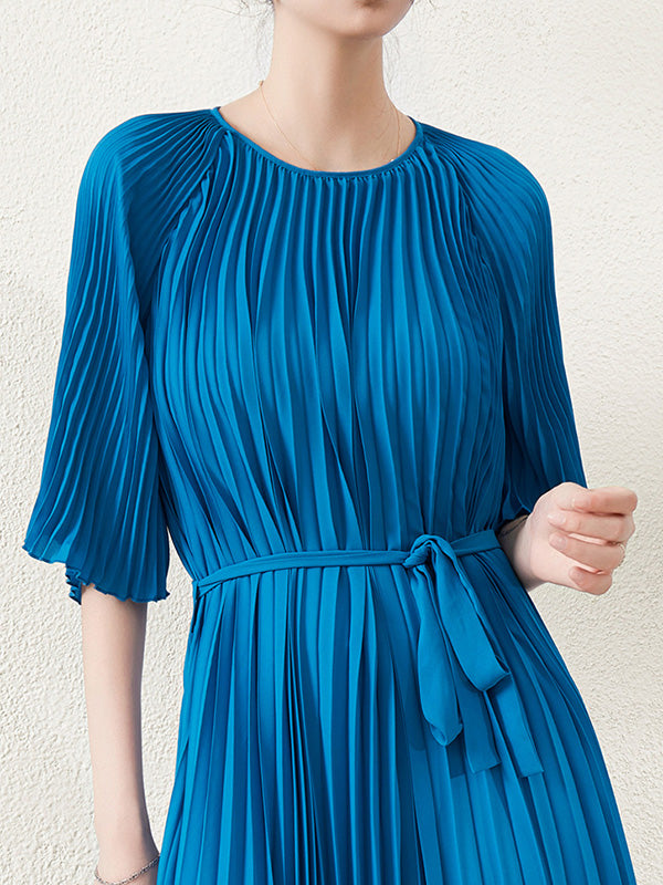 flowersverse Loose Pleated With Waistband Solid Color Round-Neck Maxi Dresses