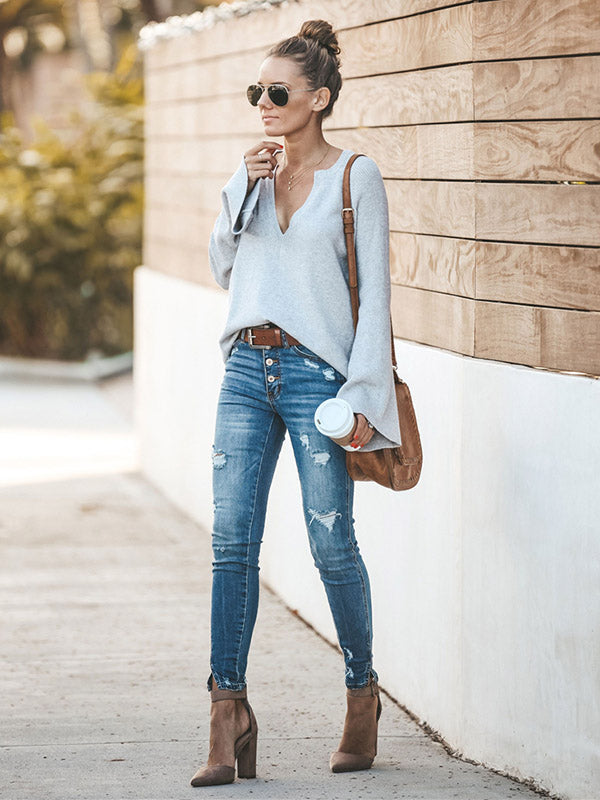 flowersverse Casual Long Sleeves Loose Solid Color V-Neck Sweater Tops