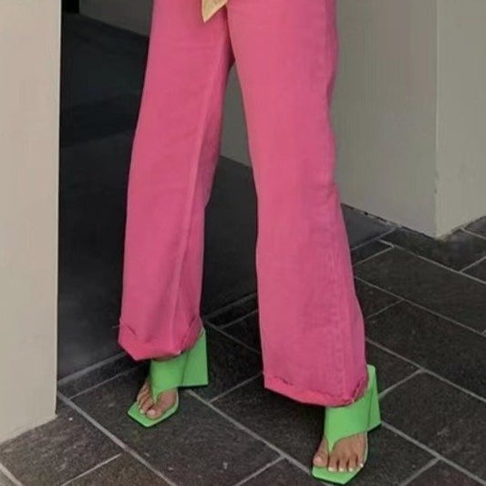 flowersverse Square Head High Heel Fashion Sandals and Slippers with Large Clip Toe