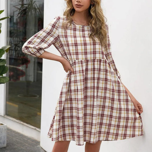 flowersverse Loose Casual Pullover Plaid Dress Women
