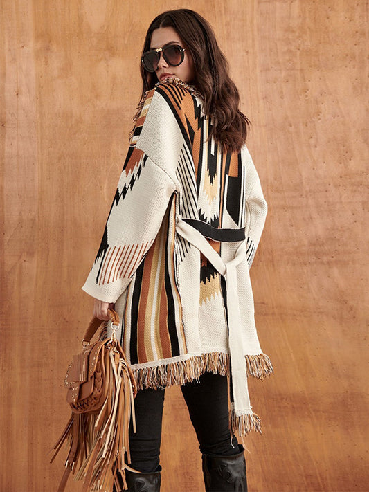 flowersverse Casual Loose Lace-Up Tasseled Embroidered Coat