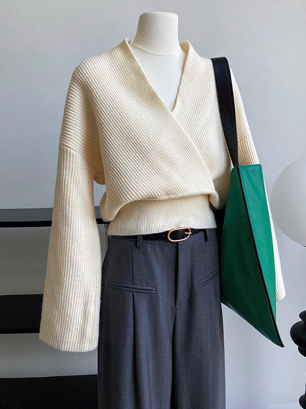 flowersverse Casual Long Sleeves Loose Solid Color Cross V-Neck Sweater Tops