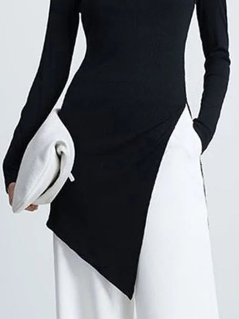 flowersverse Asymmetric Solid Color Long Sleeves Skinny High Neck T-Shirts Tops