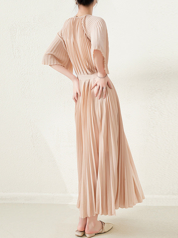 flowersverse Loose Pleated With Waistband Solid Color Round-Neck Maxi Dresses