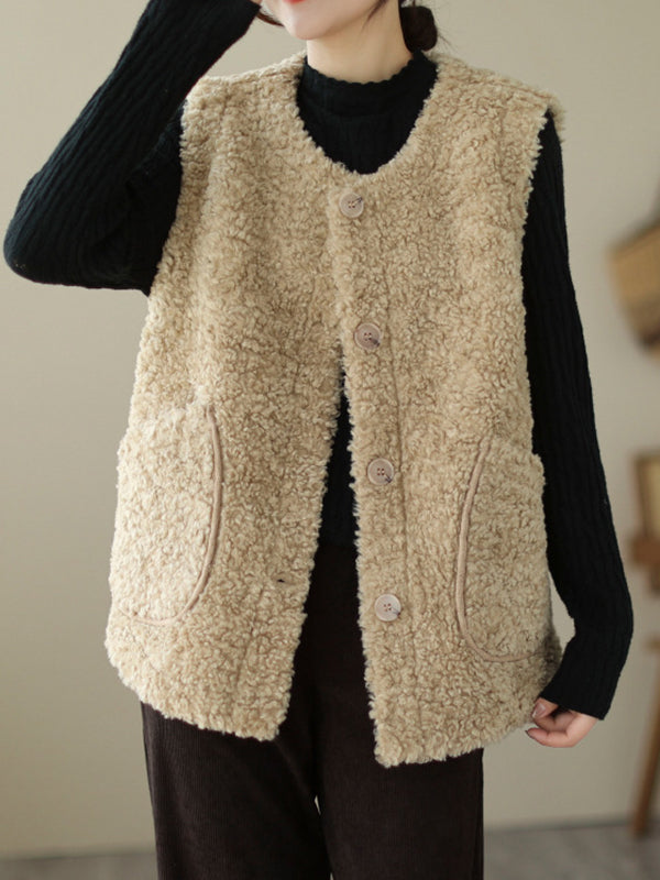 flowersverse Buttoned Pockets Loose Sleeveless Round-Neck Vest Outerwear