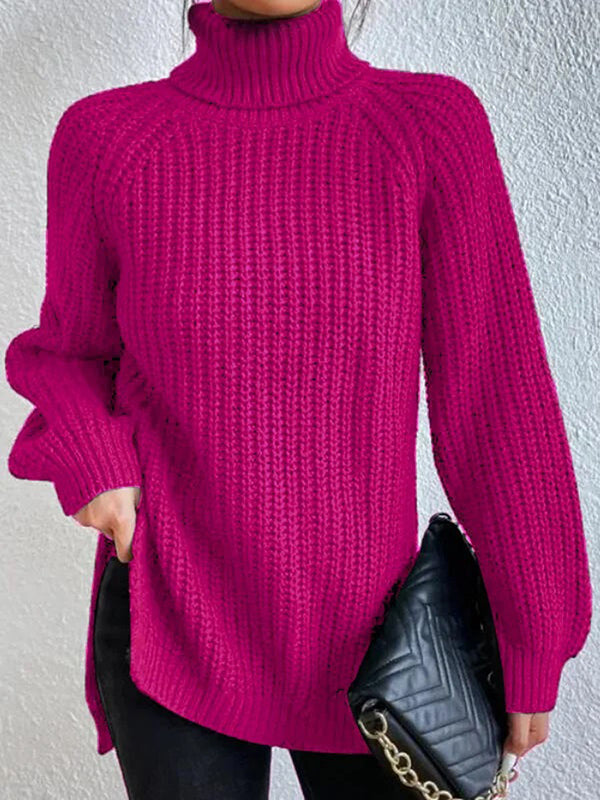 flowersverse Solid Color Split-side Long Sleeves Loose High Neck Sweater Tops Pullovers