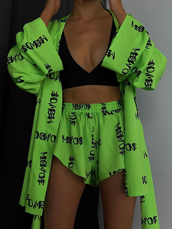 flowersverse Loose Printed Long Sleeves Tied Waist Robes + High-Waisted Short Bottom Robes Pajama Sets