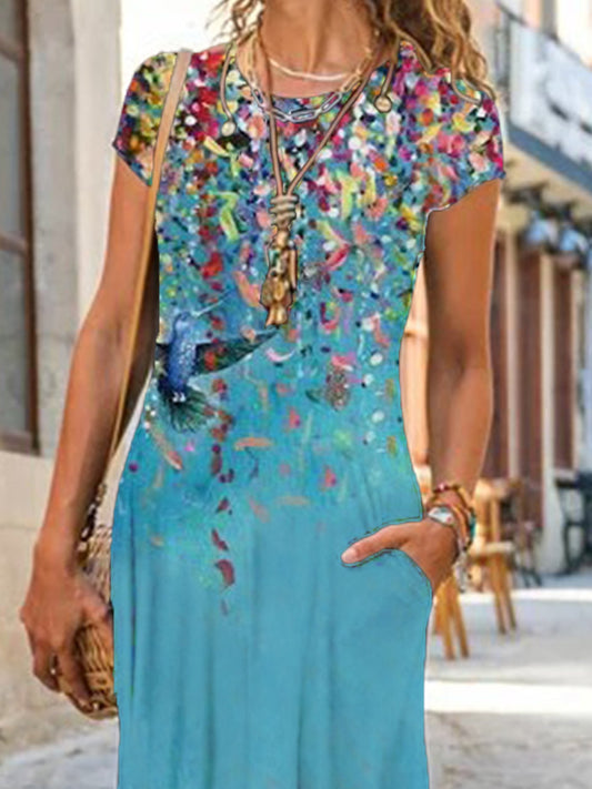 flowersverse New Women Chic Plus Size Vintage Boho Holiday Shift Short Sleeve Boho Crew Neck Knitting Dress