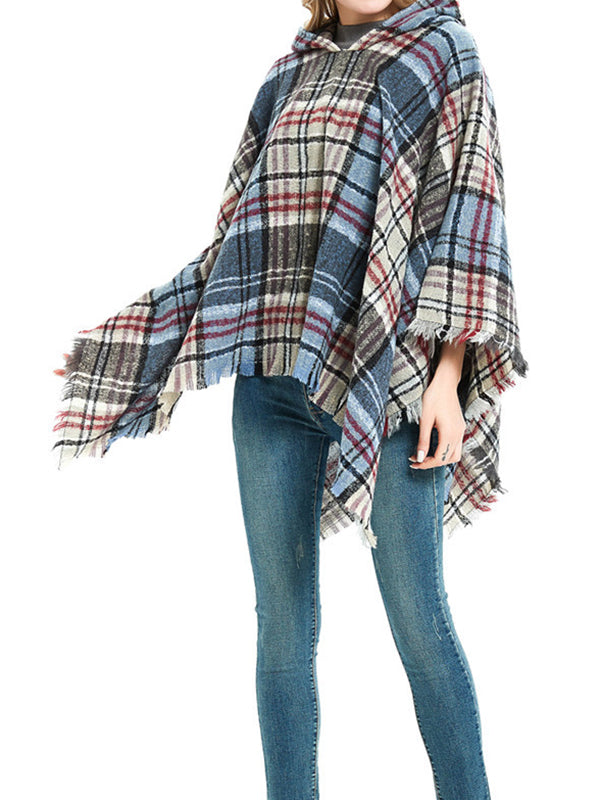 flowersverse Fringed Hooded Keep Warm Plaid Shawl&Cloak Cape