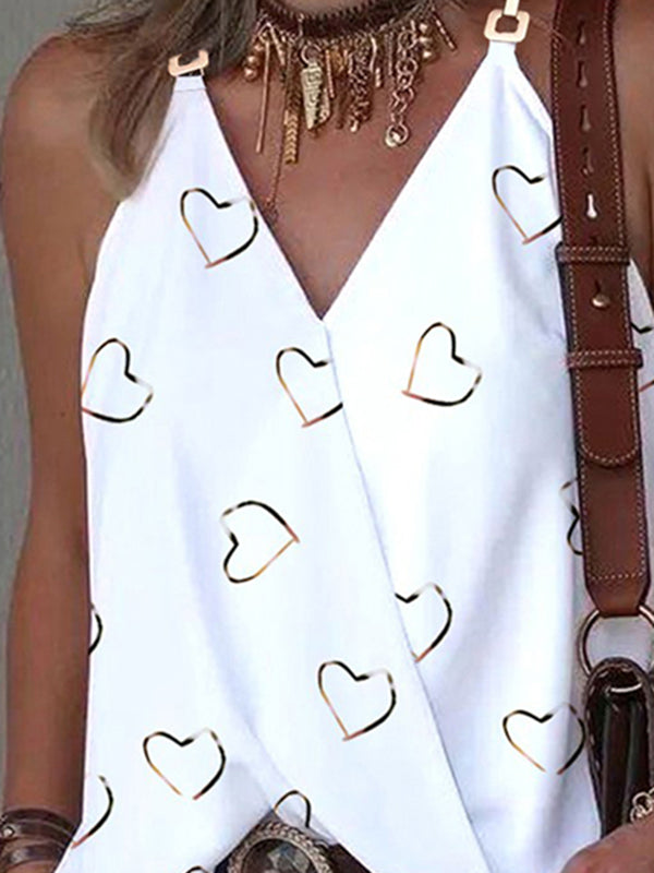 flowersverse Heart Print Split-Joint Sleeveless V-Neck Vest Top