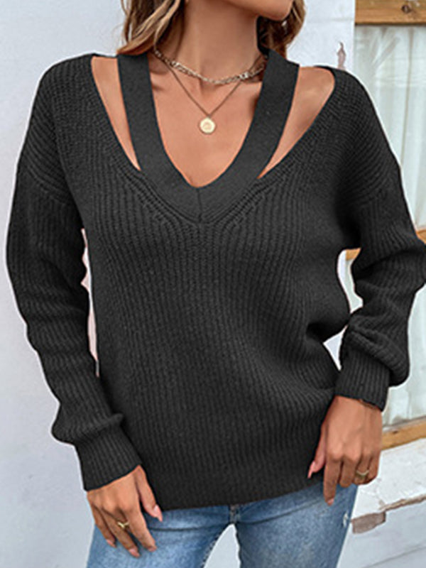 flowersverse Stylish Loose Solid Color V-Neck Sweater Tops