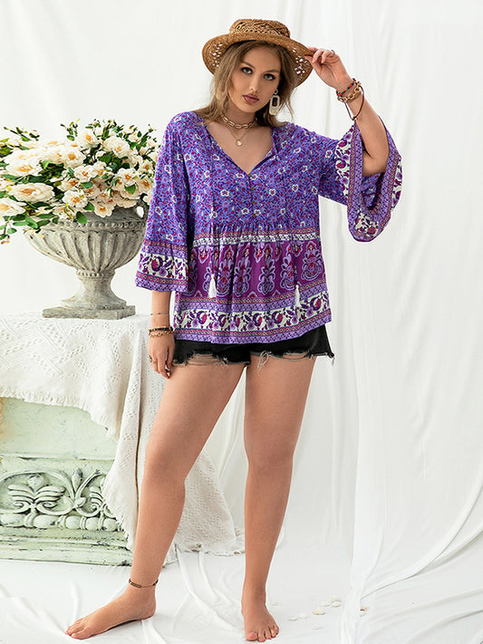 flowersverse Vacation Loose Floral Printed V-Neck T-Shirt Top