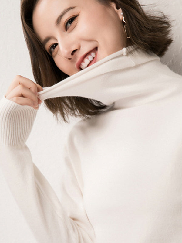 flowersverse Simple Loose Long Sleeves Solid Color High-Neck Sweater Tops