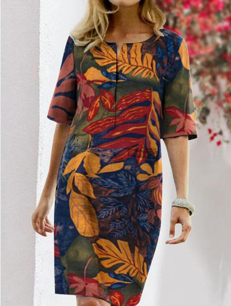 flowersverse Fashionkova Cotton Linen Boho Dress Women Summer New Floral Printed Bohemian Sundress Casual Short Sleeve O Neck Vintage Beach Vestidos