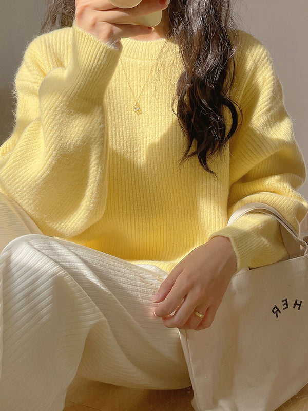 flowersverse Solid Color Long Sleeves Loose Round-Neck Sweater Tops Pullovers