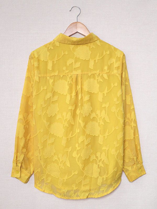 flowersverse Jacquard See-Through Solid Color Long Sleeves Lapel Blouses&Shirts Tops