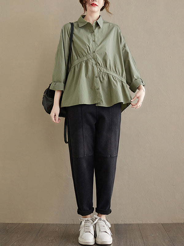 flowersverse Casual Loose 3 Colors Buttoned Lapel Collar Long Sleeves Blouse