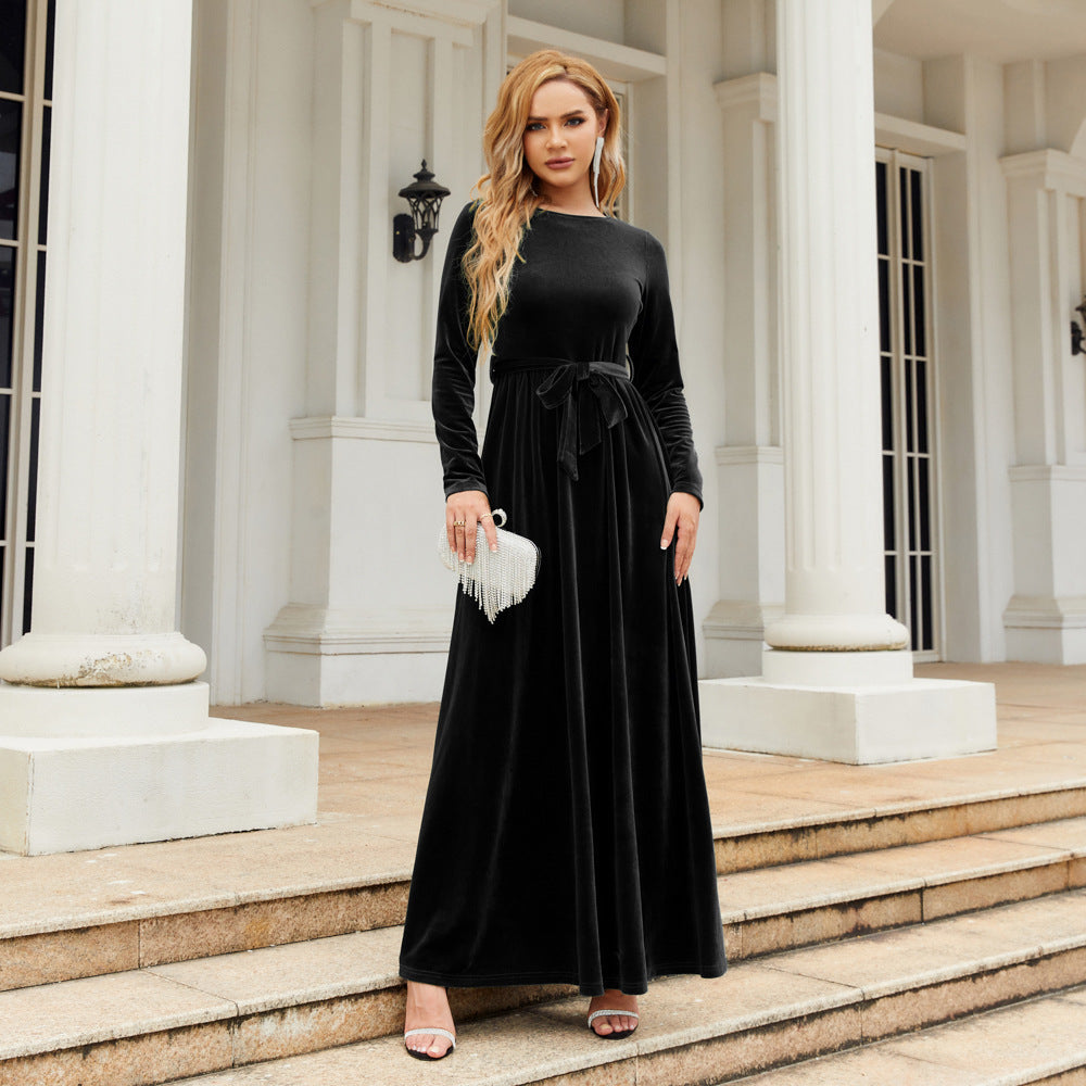 flowersverse Velvet Long Sleeve Casual Solid Knitting Dress