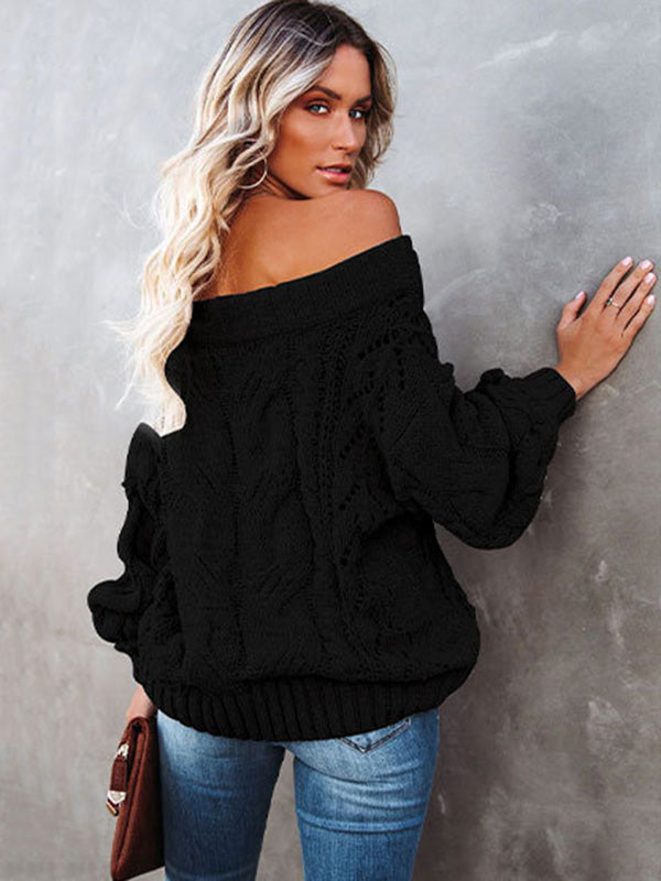 flowersverse Vintage Long Sleeves Loose Solid Color Off-The-Shoulder Sweater Tops