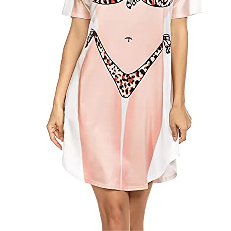 flowersverse Women's Cover Up Beach Dress Beach Wear Mini Dress Print Basic Casual Leopard Crewneck Short Sleeve Loose Fit Outdoor Daily Brown Spring Summer S M L XL