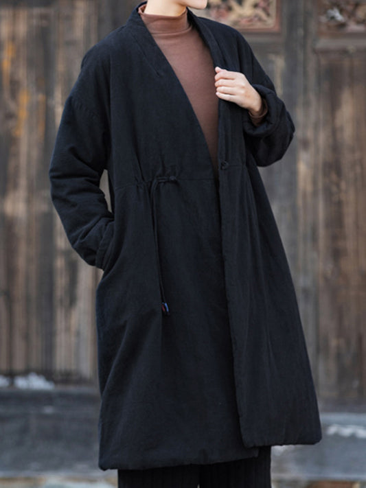 flowersverse Cotton-Padded Clothes Drawstring Quilted Solid Color Velvet Long Sleeves Loose V-Neck Padded Coat Outerwear